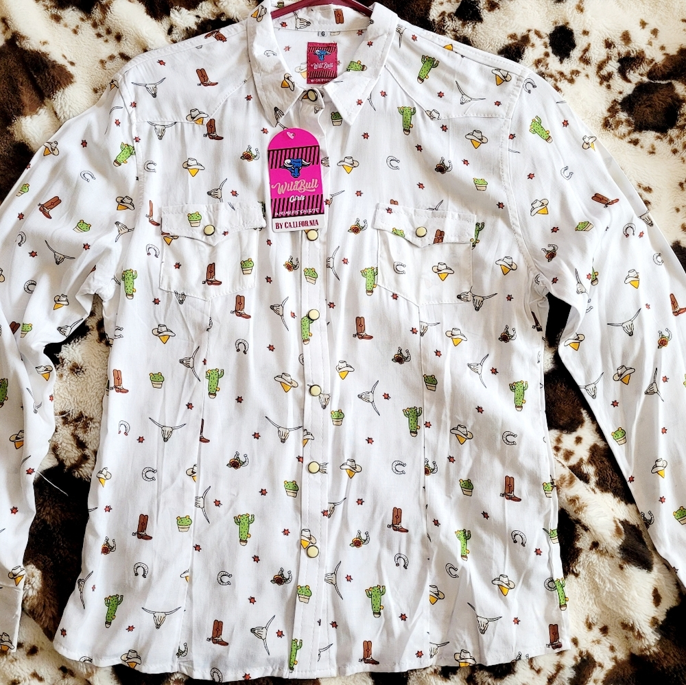 NWT Wild Bull Large sz 8 White & snap button Western Prints
